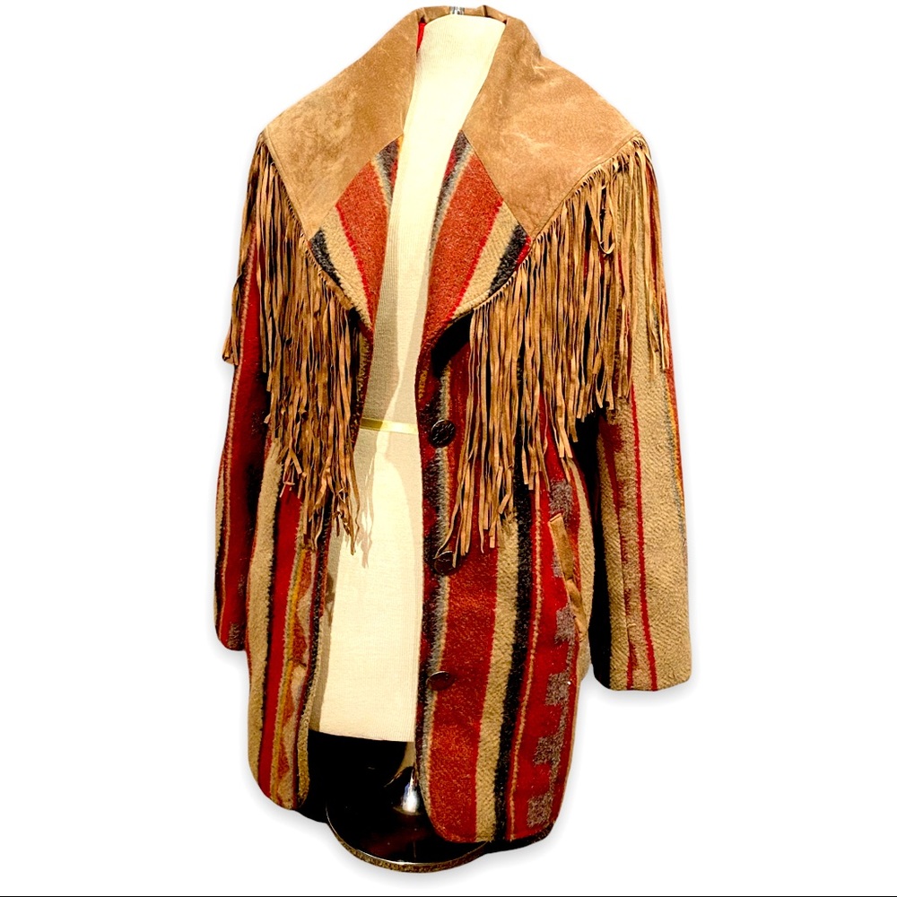Pioneer wear vintage colorful southwestern print wool and suede fringe jacket - Picture 1 of 14